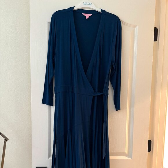 Lilly Pulitzer Blue Faux Wrap Midi Dress L | Long Sleeve Stretch Jersey - Picture 1 of 9